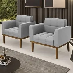 Poltrona Base Madeira Castanho Kit 2 Ana Suede Cinza - Ibiza