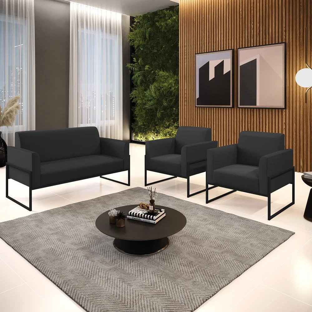 Sofá Namoradeira com 2 Poltronas Base Industrial Alta Preto Marisa Corino D03 - D'Rossi - Preto