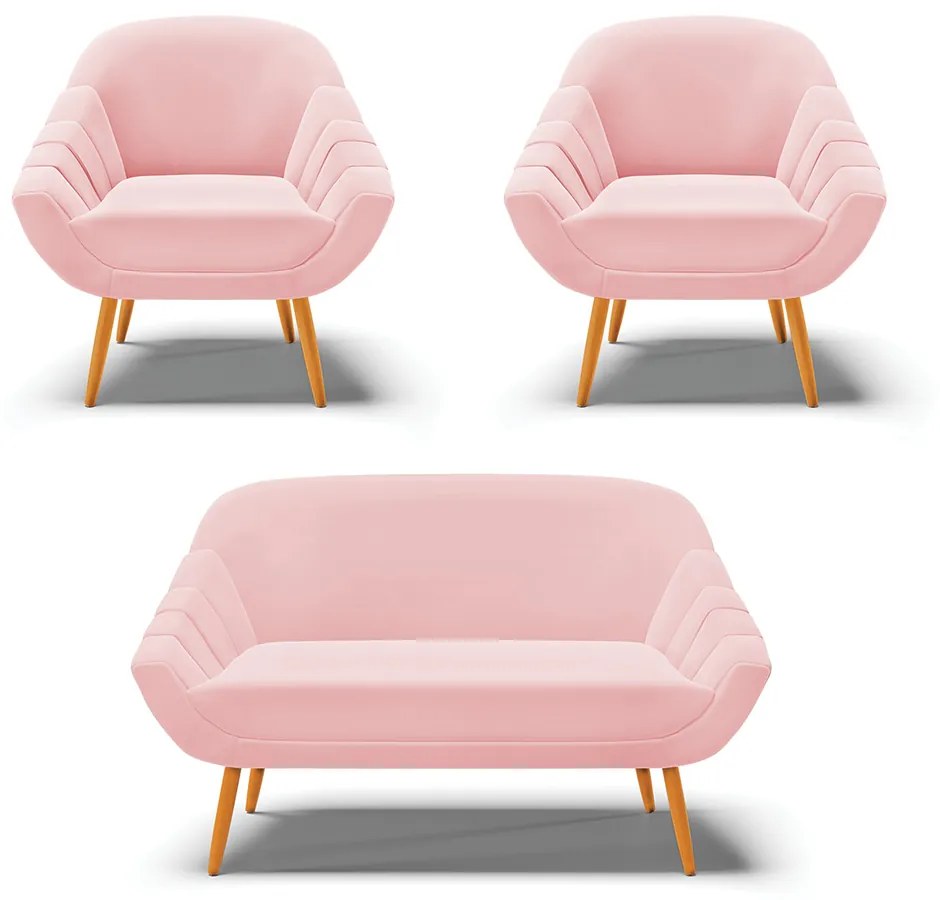 Kit 01 Namoradeira 02 Lugares e 02 Poltronas Giovana Suede Rosa Bebê Pés Palito Castanho - D'Rossi