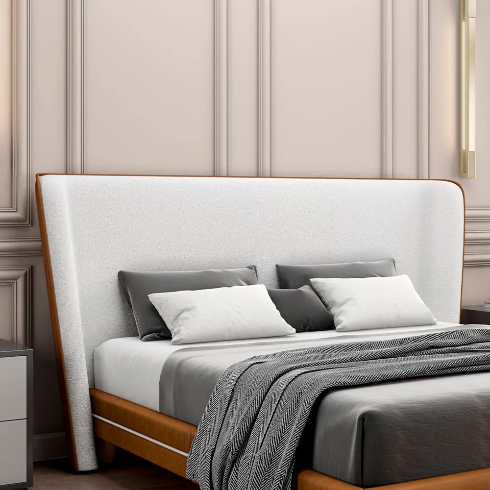 Cabeceira Design para Cama Casal Torres Pés em Madeira PU/Bouclê Caramelo/Off White G91 - Gran Belo