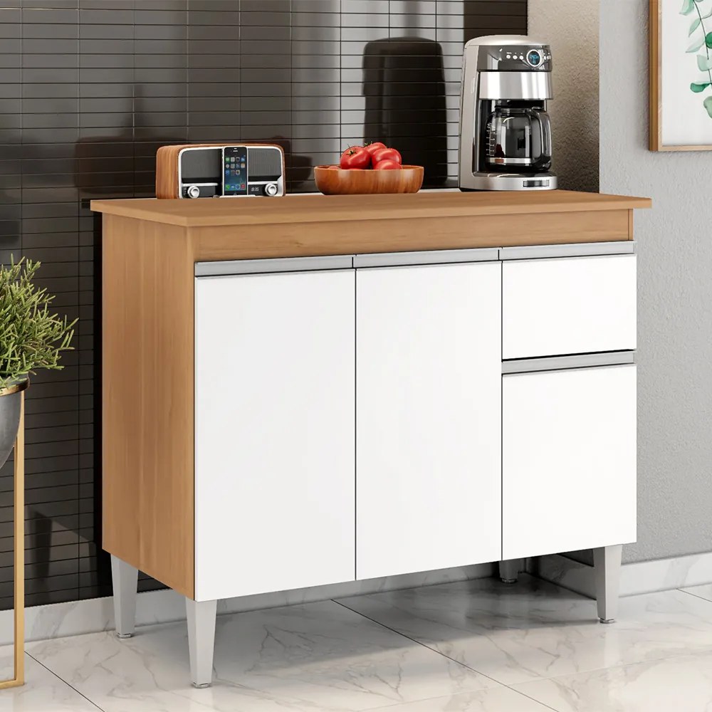 Balcão Cozinha com Tampo 100cm 3 Portas Taylla A01 - D'Rossi - Amendoa e Branco
