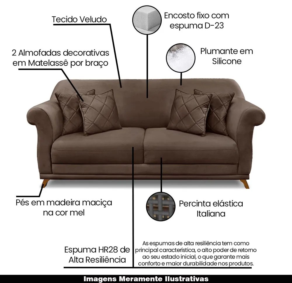 Sofá Decorativo 160cm 2 Lugares com 4 Almofadas Armstrong Veludo Marrom G63 - Gran Belo