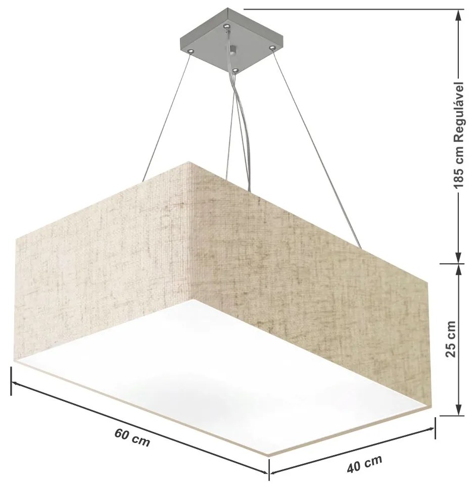 Lustre Pendente Retangular Md-4372 Cúpula em Tecido 60x40cm Rustico Bege
