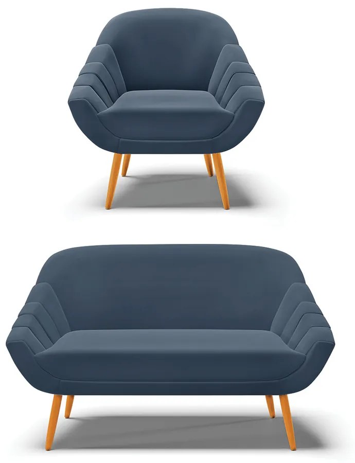 Kit 01 Namoradeira 02 Lugares e 01 Poltrona Giovana Suede Pés Palito Castanho - D'Rossi - Azul Marinho