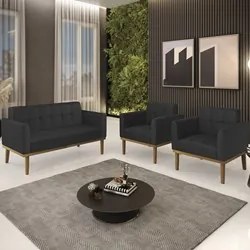 Sofá Namoradeira e 2 Poltronas Base Madeira Castanho Ana Sintético Pre