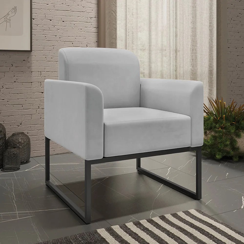 Kit 2 Poltronas Decorativas Isabella Base Industrial Suede Cinza/Preto G19