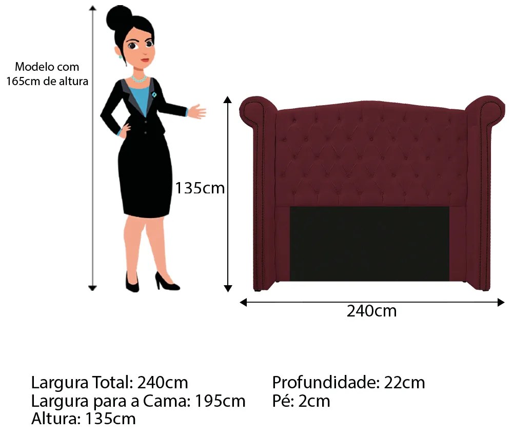 Kit Cabeceira e Calçadeira Veneza 195 cm King Size Suede Bordô - ADJ Decor