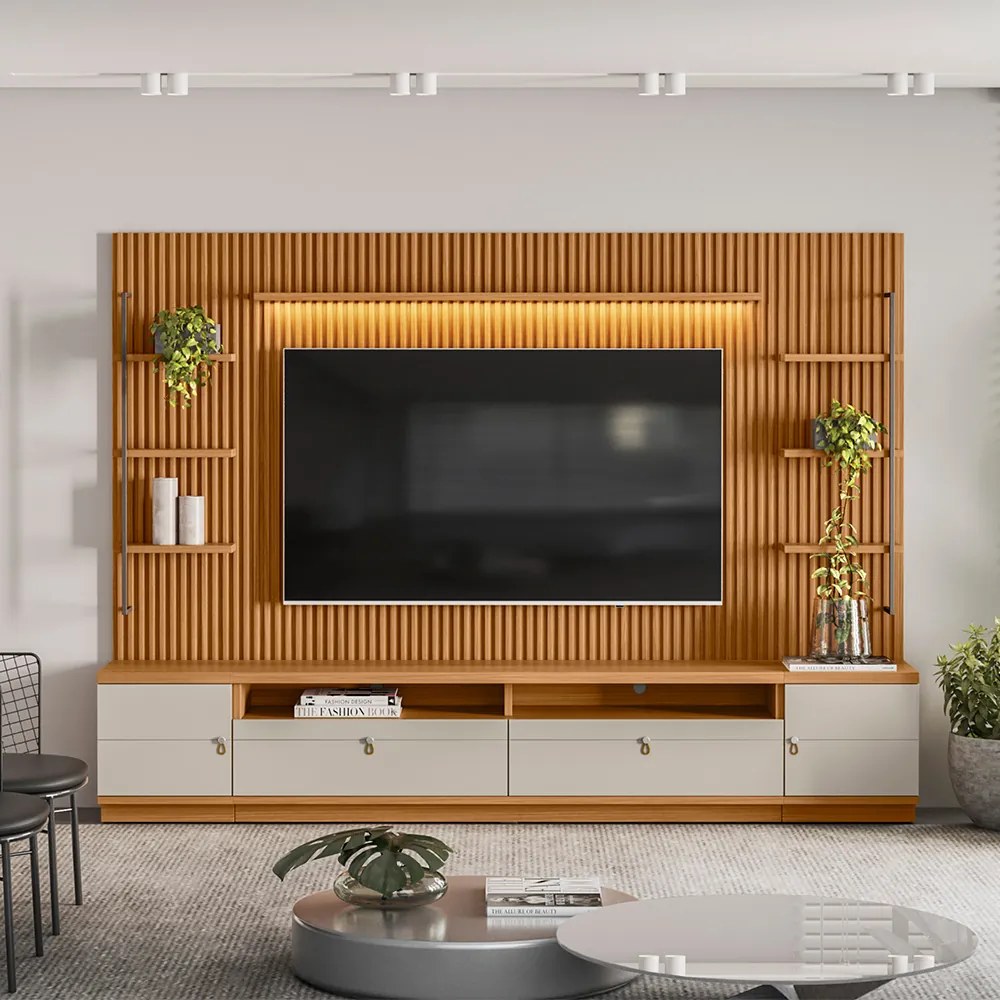 Painel para TV até 75 Polegadas Ripado Betina com Rack Bancada e Módulos Laterais Nature e Off White 268x198 cm L04 - D'Rossi