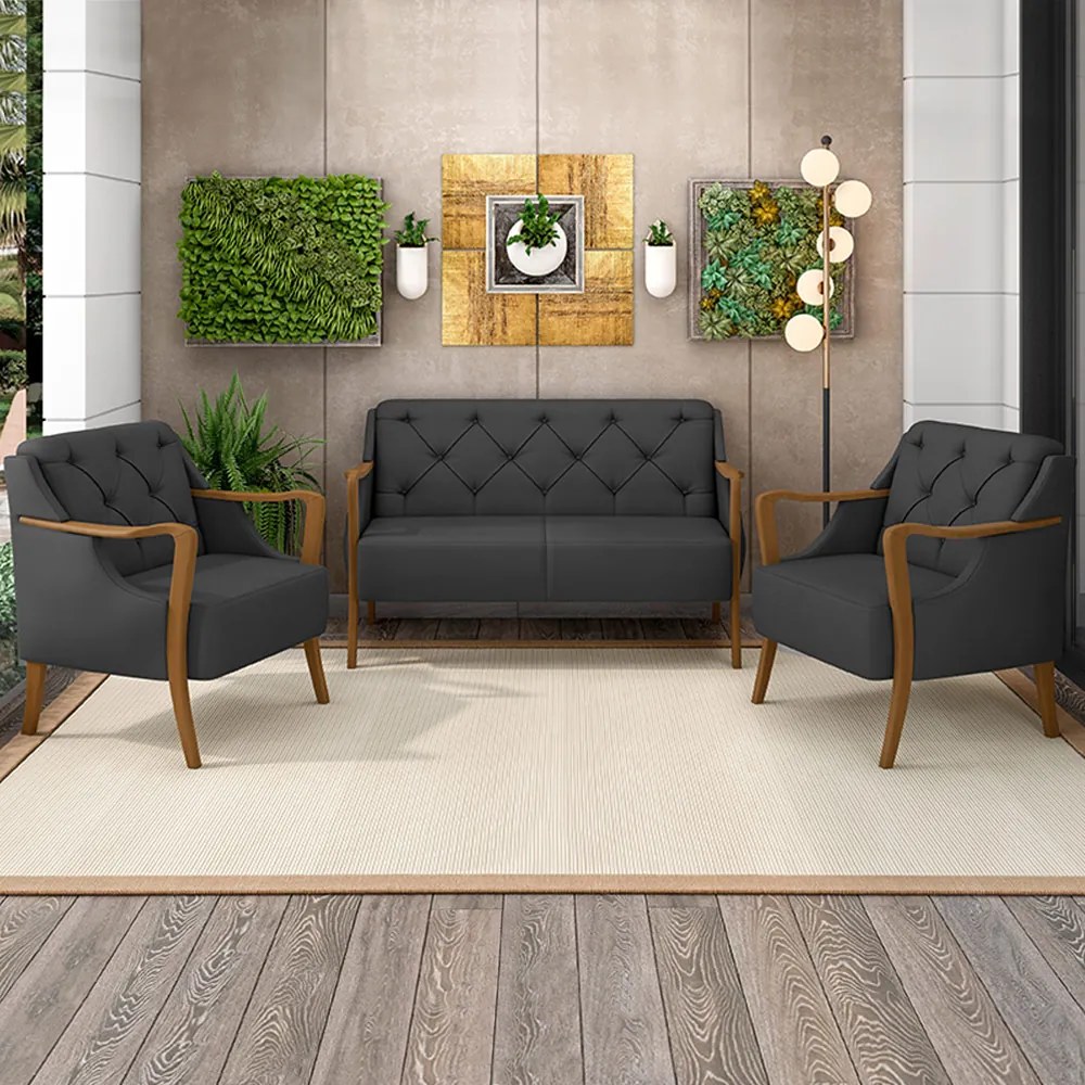 Conjunto Decorativo 2 Poltronas e 1 Namoradeira 2 Lugares Hand PU Preto G45 - Gran Belo