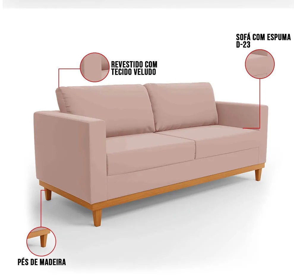 Sofá 03 Lugares Juliette Veludo Rosê Base Madeira Castanho