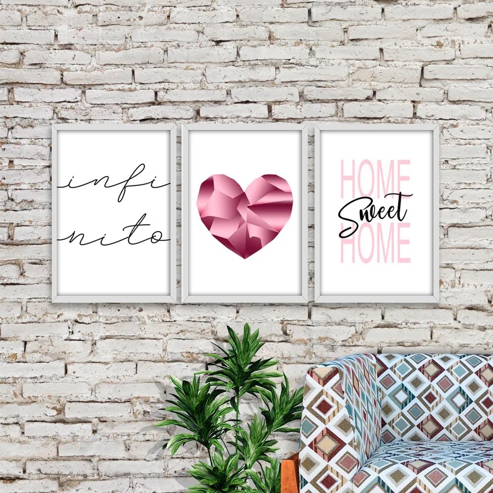 Kit 03 Quadros Decorativos "Pink Heart"  43x33 cm - D'Rossi