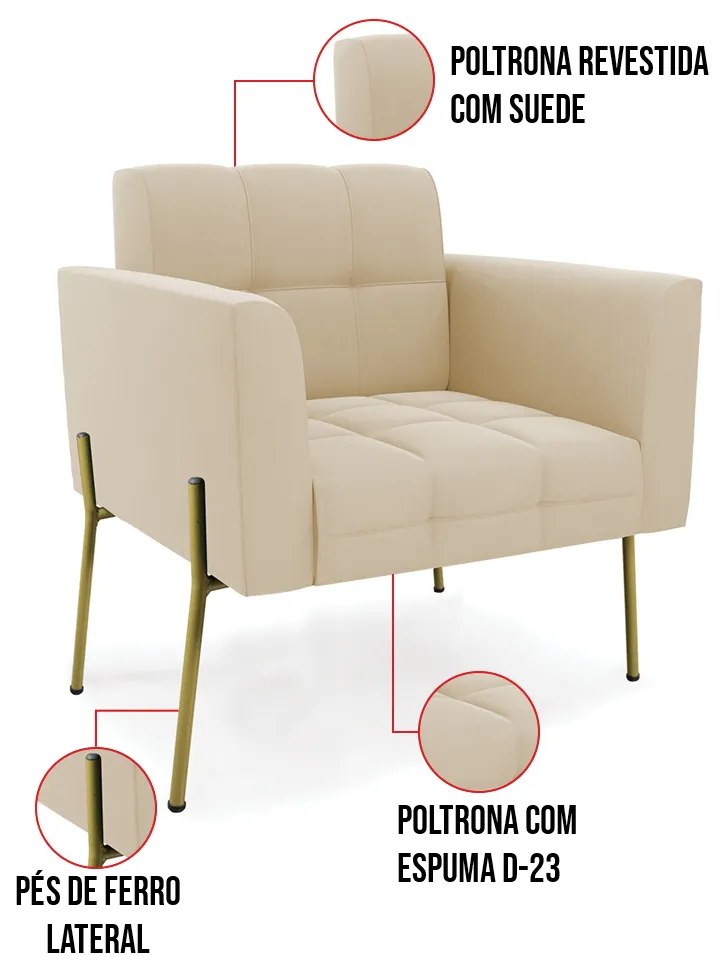 Poltrona Pé de Ferro Dourado para Sala Elisa Suede D03 - D'Rossi - Bege