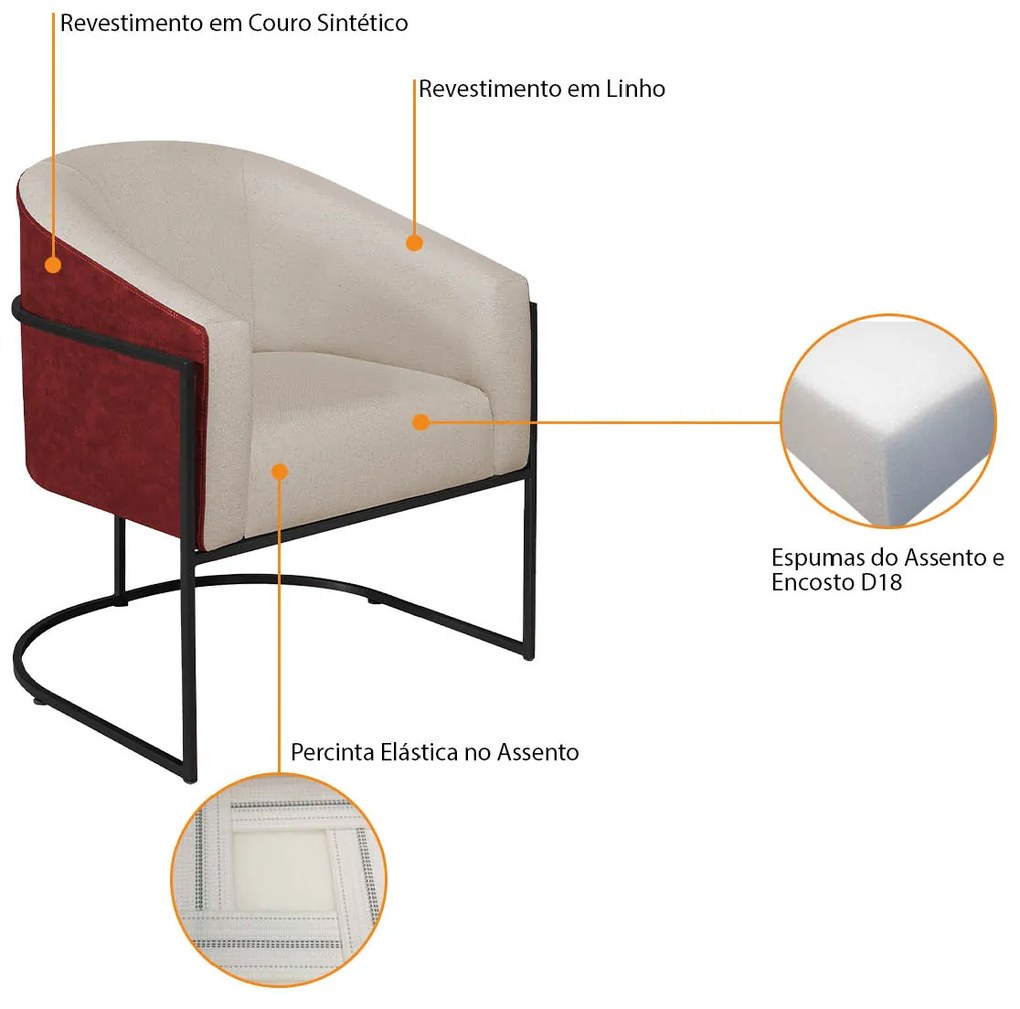 Poltrona Luiza Base de Ferro Preto Factor Vermelho e Linho - ADJ Decor