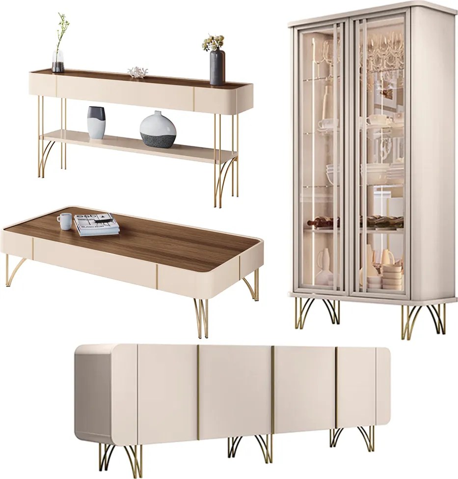 Conjunto 1 Cristaleira 1 Buffet 1 Mesa de Centro e 1 Aparador Texas/Virginia/Rennes Off White/Castanho G26 - Gran Belo