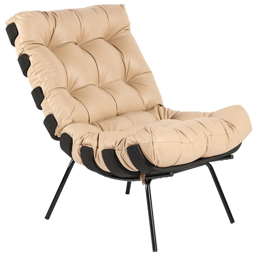 Poltrona Decorativa Sala de Estar Costela Base Preta Couro Bege G34 - Gran Belo