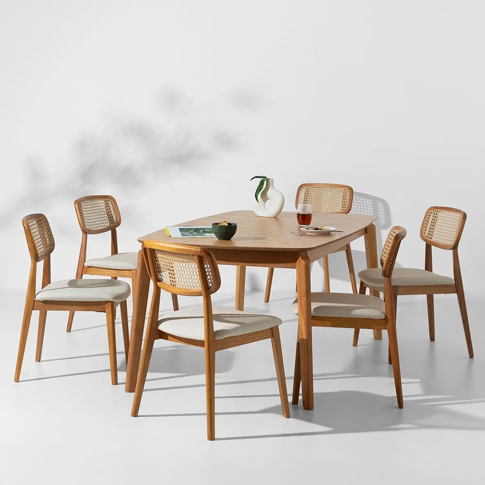 Conjunto Mesa de Jantar Lalá Retangular Carvalho Americano - 1,60mx90cm + 6 Cadeira Lótus Encosto Palha Larga - Trenddie Cru