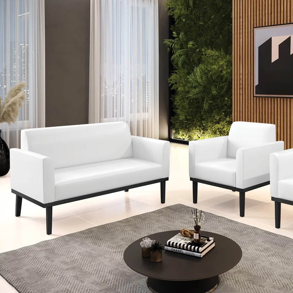 Sofá Namoradeira com Poltrona Base de Madeira Fixa Preto Marisa Corano D03 - D'Rossi - Branco