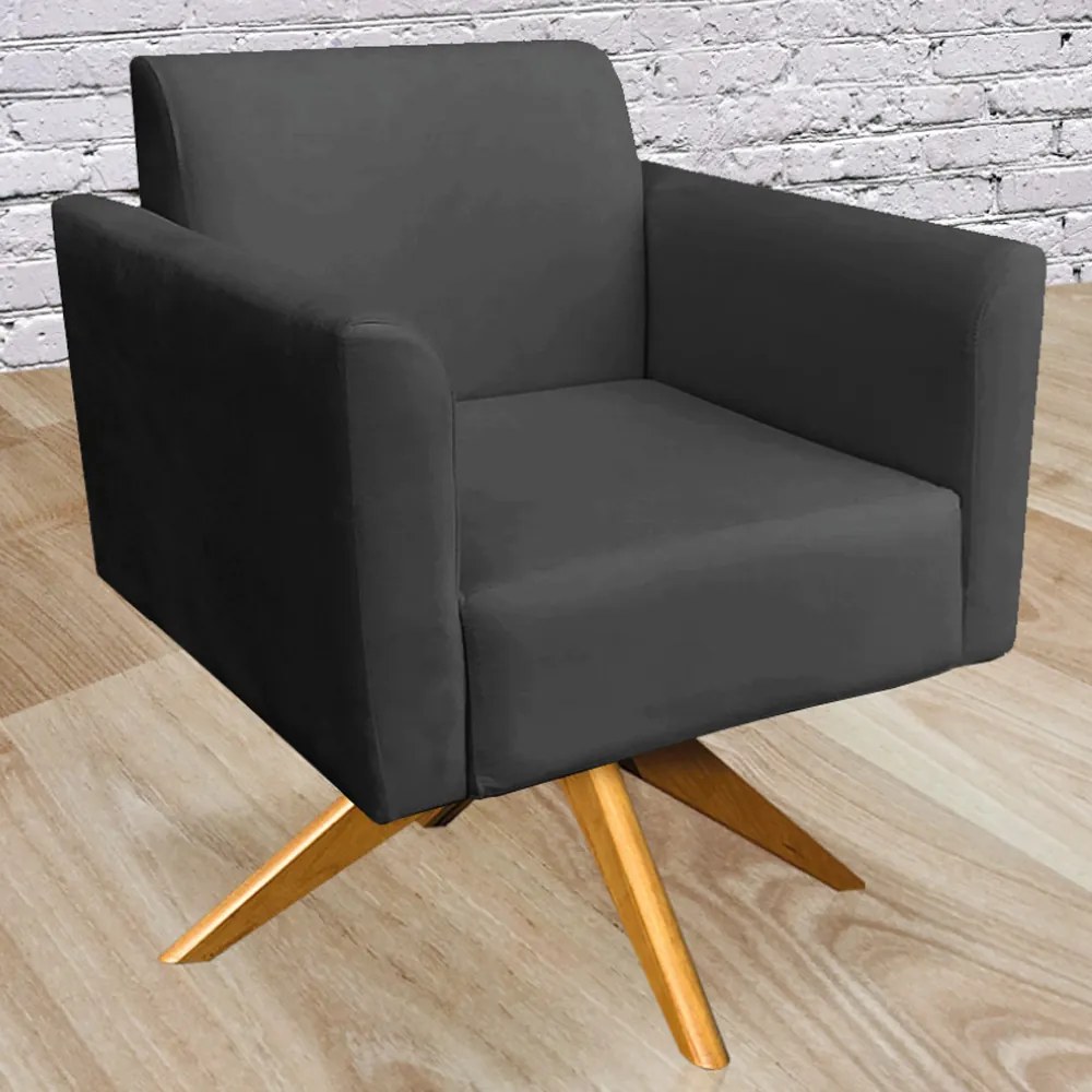 Poltrona Decorativa Isabella Base Giratória Madeira Suede Preto G19 - Gran Belo