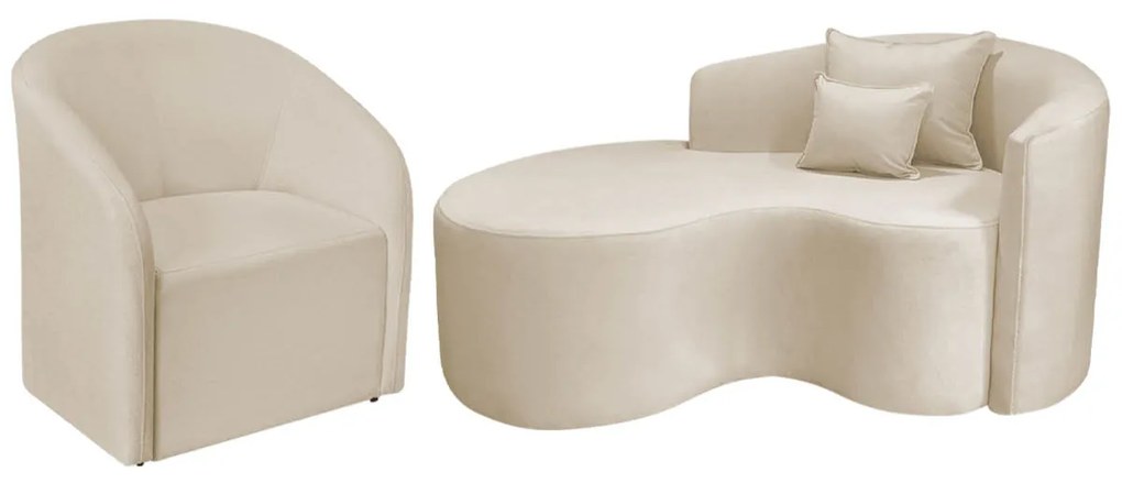 Kit Recamier Curvo Sala de Estar Inglaterra 150cm Lado Esquerdo e Poltrona Orgânica Luxo Luiza Max Bouclé