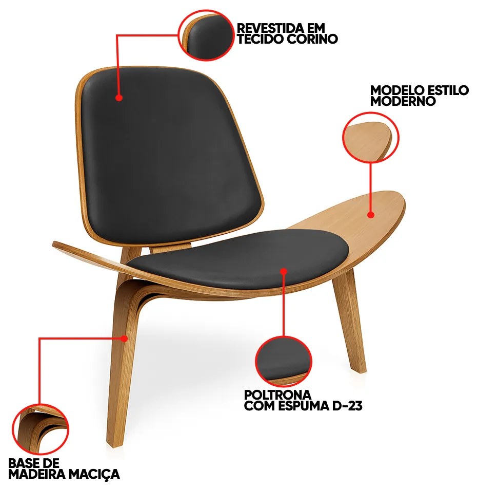 Poltrona Decorativa Base de Madeira Shell Sintético P01 - D'Rossi - Preto