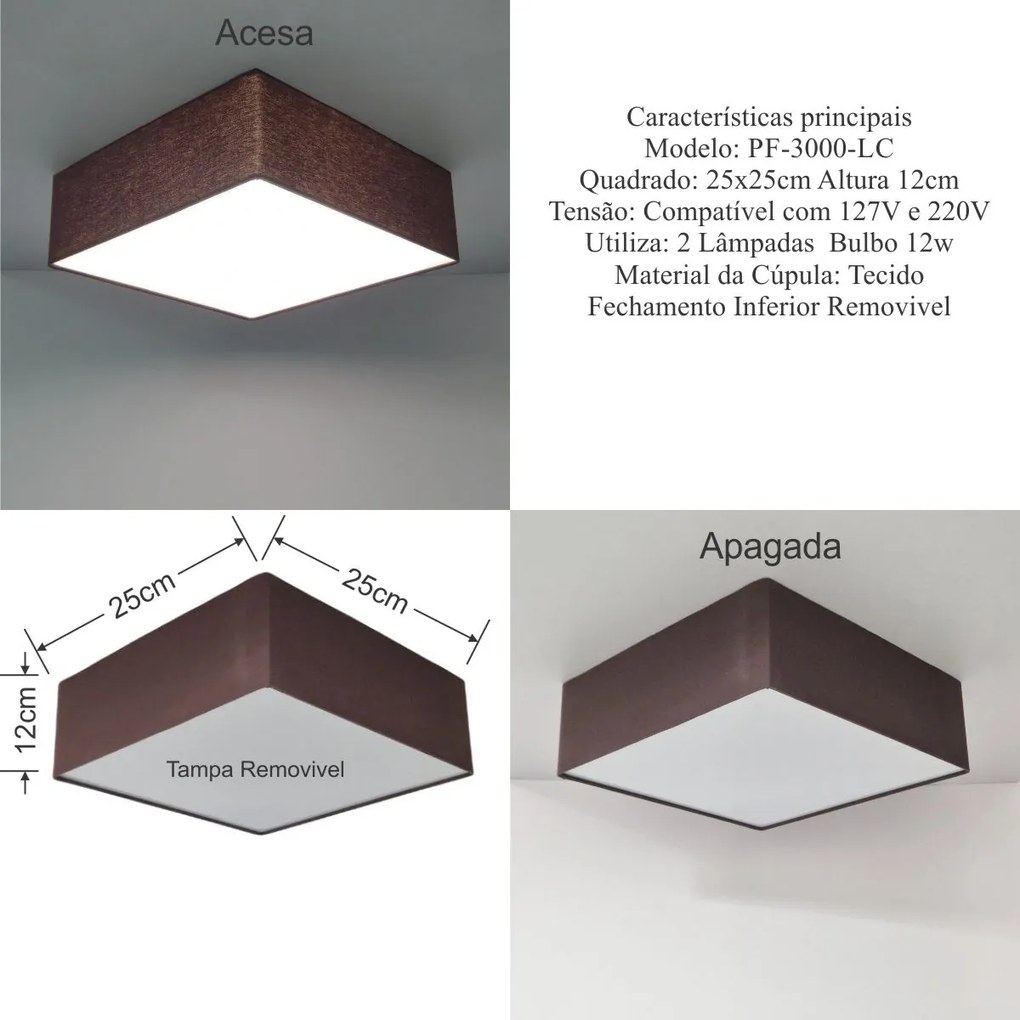 Plafon Quadrado Md-3000 Cúpula em Tecido 25x25x12cm Café - Bivolt