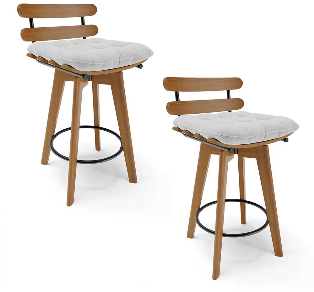 Kit 02 Banquetas Giratória Costela Linho Base Madeira MA70 - DRossi - A05 Cinza