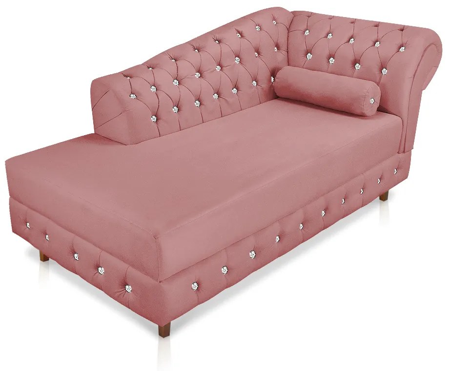 Divã Chesterfield 165 cm Capitonado com Strass Suede Rosê - D'Rossi