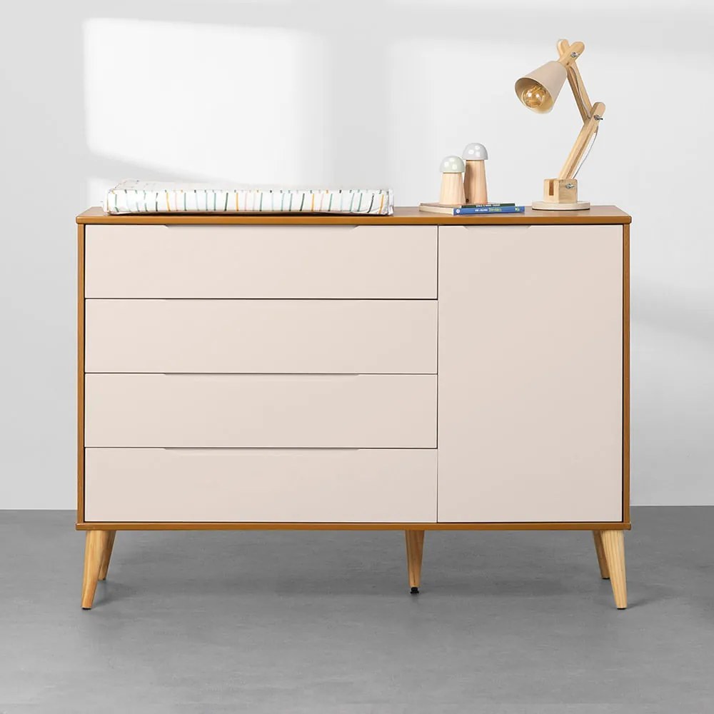 Cômoda Elfe 4 Gavetas e 1 Porta com Pés Retrô Natural – Areia  e Savana - Cômoda Elfe 4 Gavetas e 1 Porta com Pés Retrô Natural – Areia Fosco e Savana