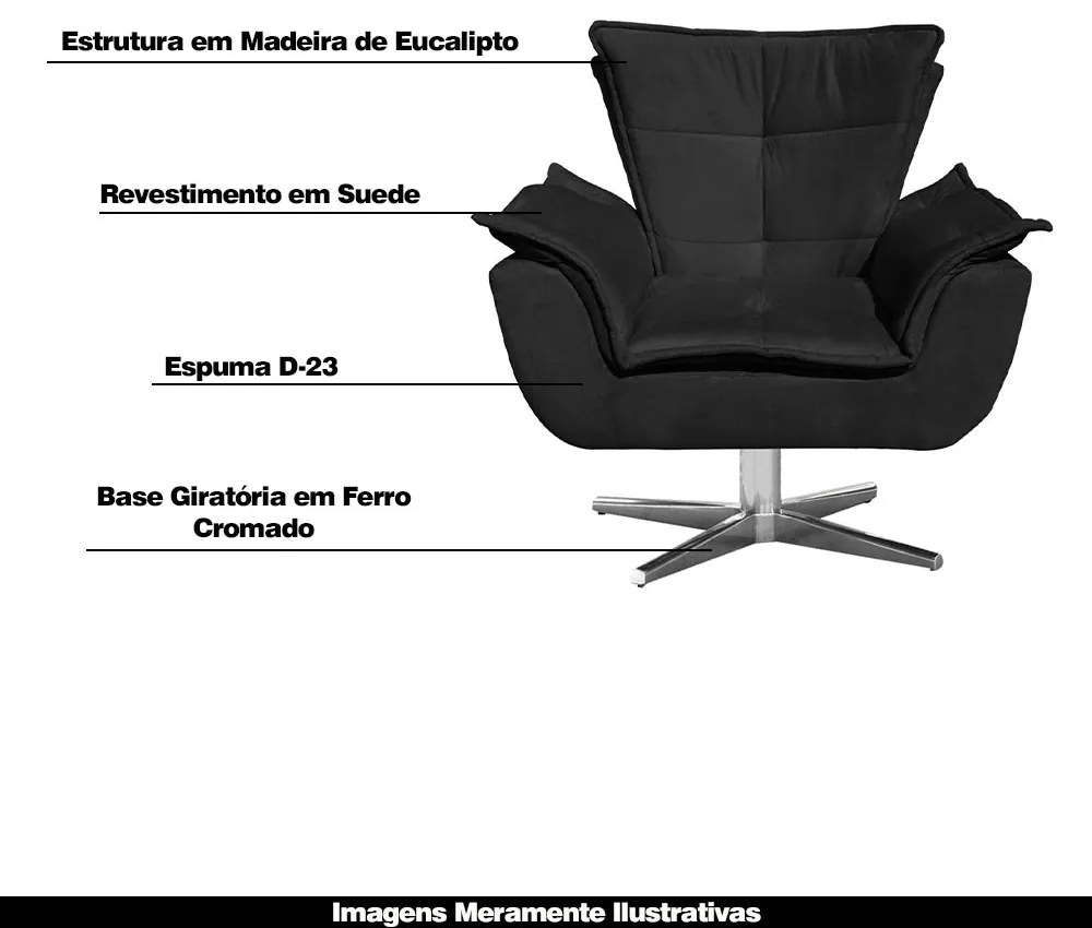 Kit 2 Poltronas Decorativas Base Giratória Cromada Charger Suede Preto G19 - Gran Belo