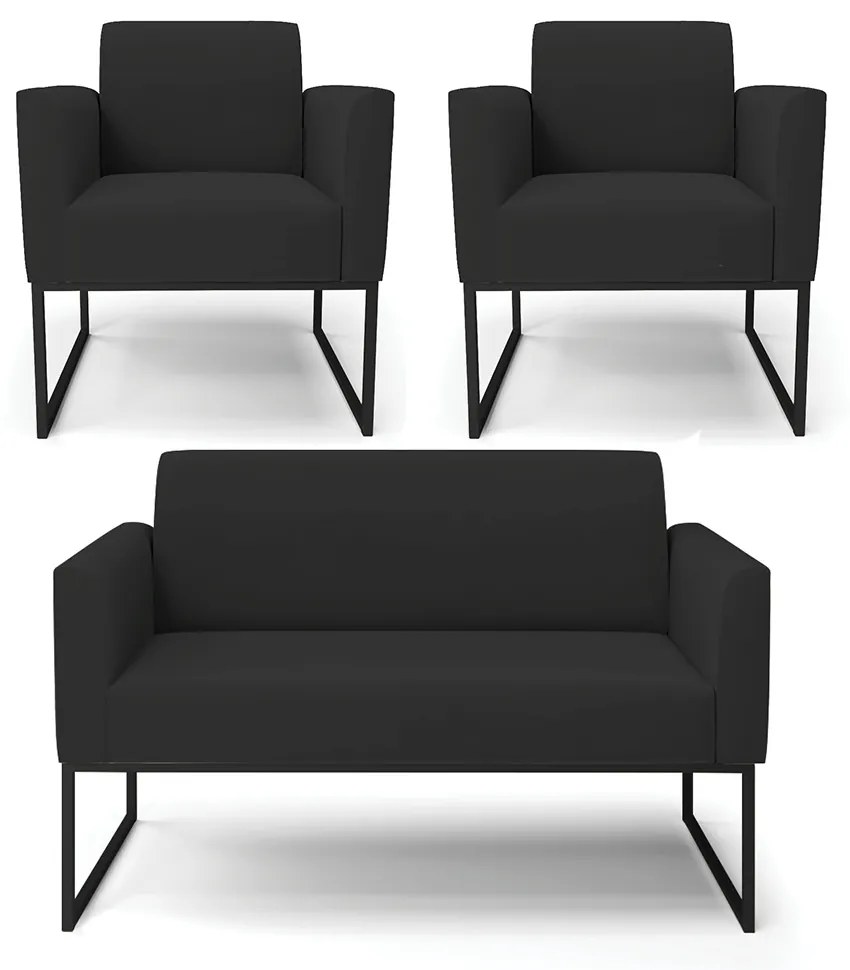 Sofá Namoradeira com 2 Poltronas Base Industrial Preto Marisa Veludo D03 - D'Rossi - Preto