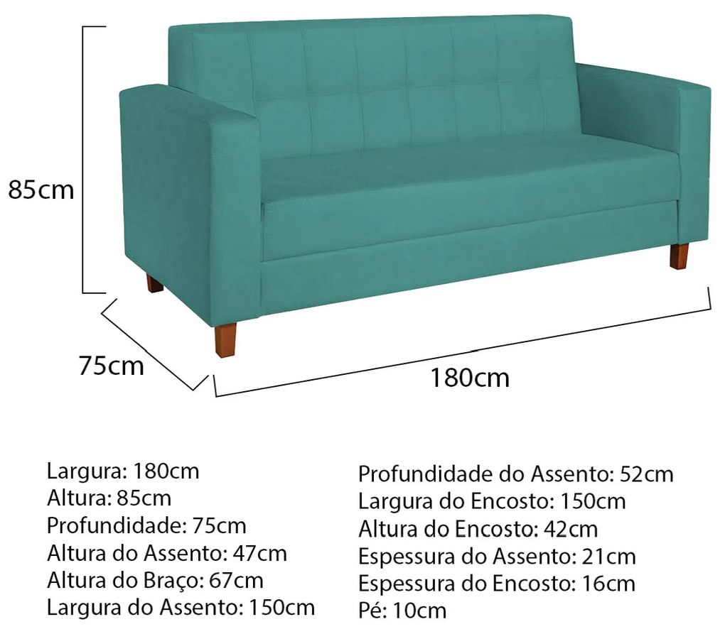 Sofá 2 Lugares Denver Suede Azul Turquesa - ADJ Decor