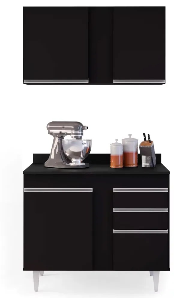 Kit Armário Aéreo e Balcão de Cozinha Lavanderia Aurora com Tampo 100 cm - D'Rossi - Preto