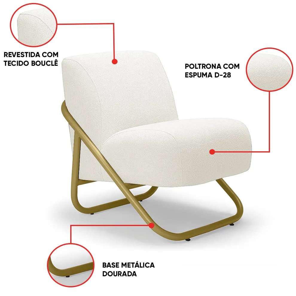 Poltrona Sala Estar Industrial Dourado Kit 2 Martina Bouclê Off White K01 - D'Rossi
