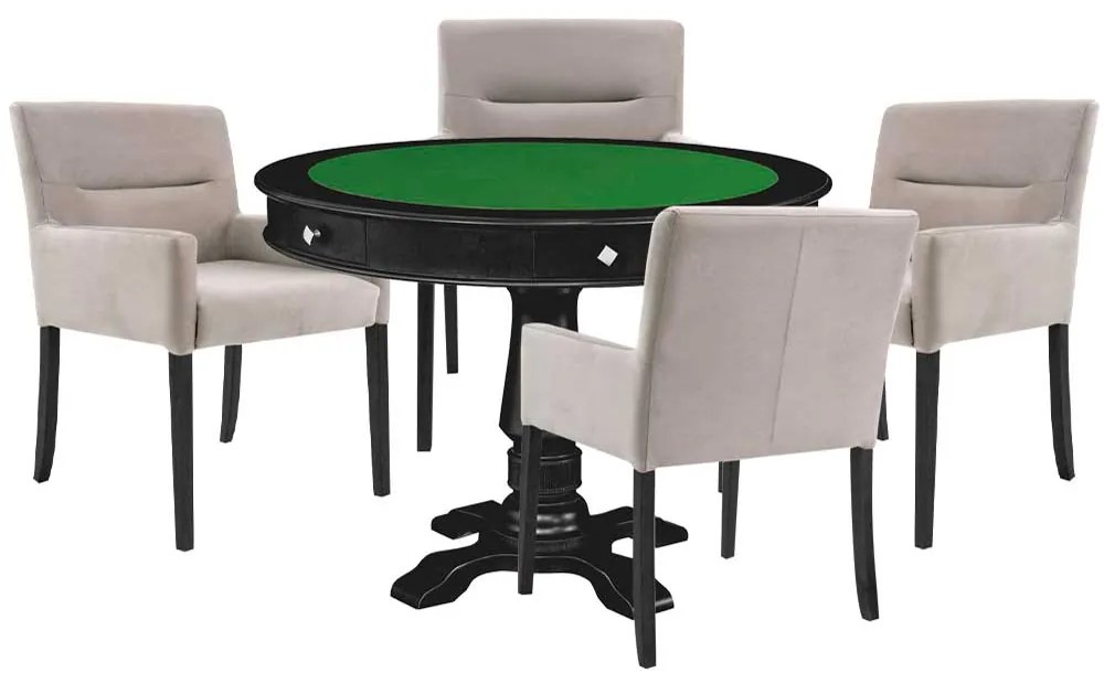 Mesa de Jogos Carteado Victoria Redonda Tampo Reversível Preto com Kit 4 Cadeiras Vicenza Nude G36 G15 - Gran Belo