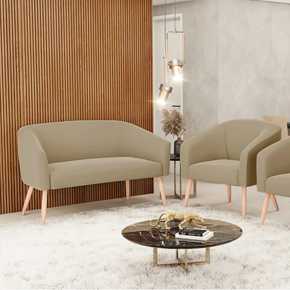 Sofá Namoradeira e Poltrona Pé Palito Natural Stella Suede Marrom Rato D03 - D'Rossi