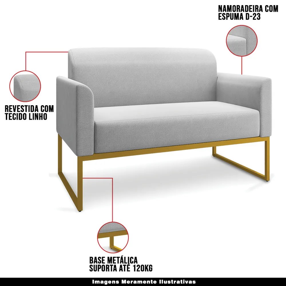 Poltrona Namoradeira Decorativa Isabella Base Industrial Linho Cinza/Dourado G19 - Gran Belo