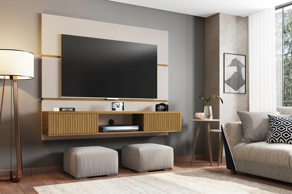 Painel Para TV Âmbar Off White Com Cinamomo Ripado – Bechara Móveis