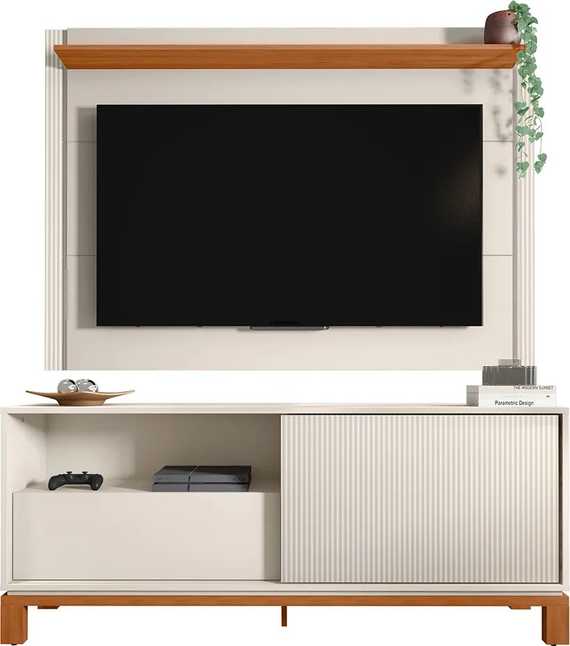 Painel TV 55 Pol 150cm com Rack Bancada para Sala Visari Off White/Freijó C01 - D'Rossi