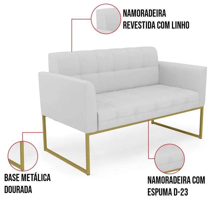 Kit 1 Sofá Namoradeira e 2 Poltronas Elisa Linho Base Metálica Industrial Dourado D03 - D'Rossi - A05 Cinza