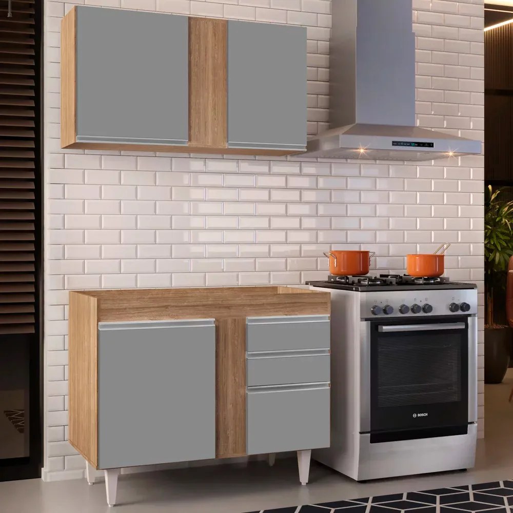 Kit Armário Aéreo e Balcão de Cozinha Lavanderia Aurora sem Tampo 100cm L06 - D'Rossi - Castanho e Cinza