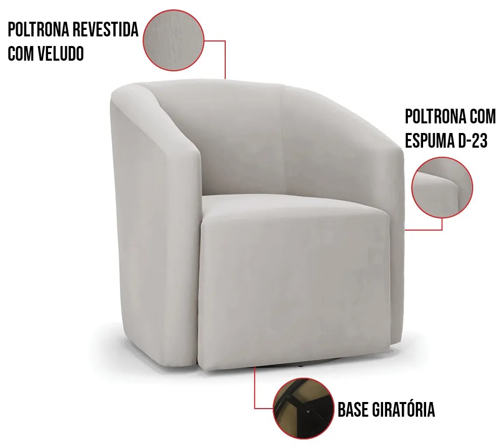 Poltrona Decorativa Base Giratória Kit 2 Stella Max Veludo D03 - D'Rossi - Cinza