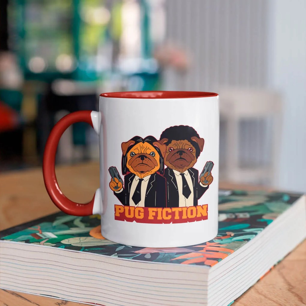 Caneca Pug Fiction Dog Cachorro Geek Nerd Branca com Alça Marrom