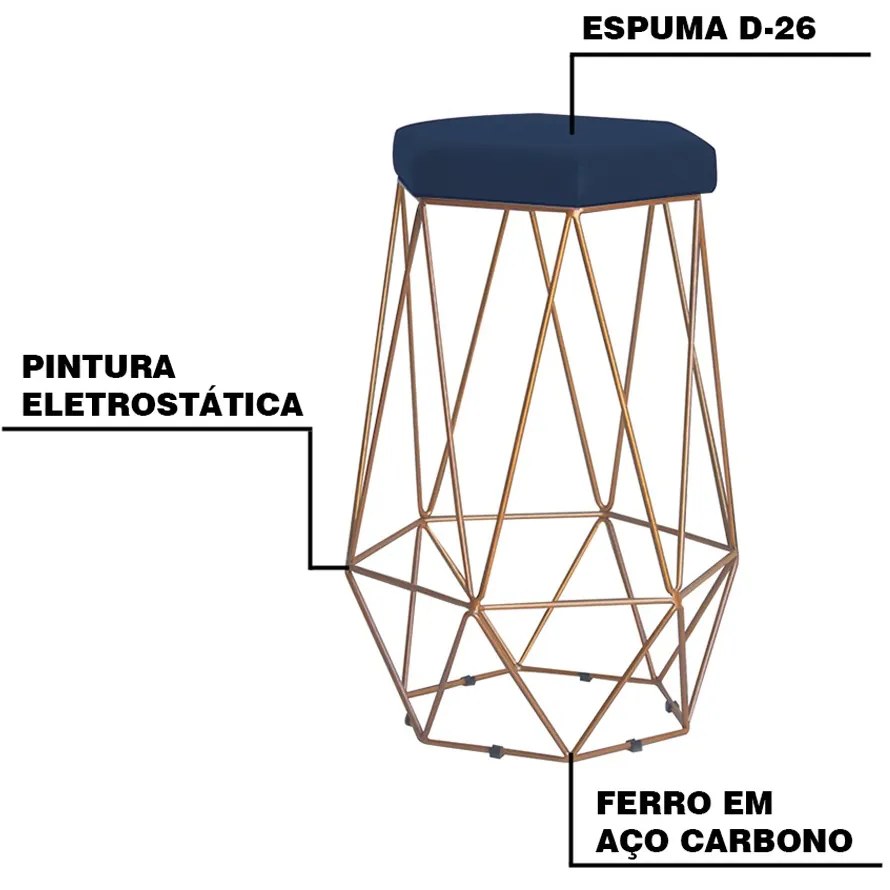 Kit 2 Banqueta Decorativa Rubel Base Gold Veludo Azul G41 - Gran Belo