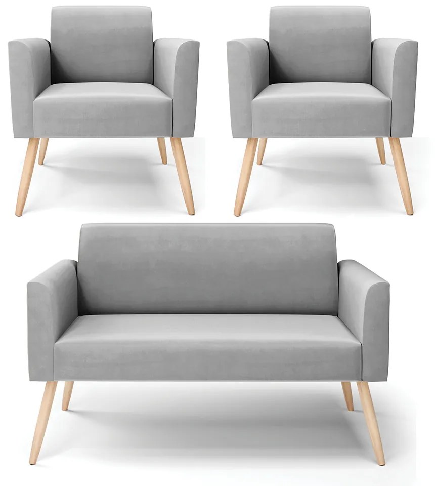 Sofá Namoradeira com 2 Poltronas Pés Palito Natural Marisa Suede Cinza D03 - D'Rossi