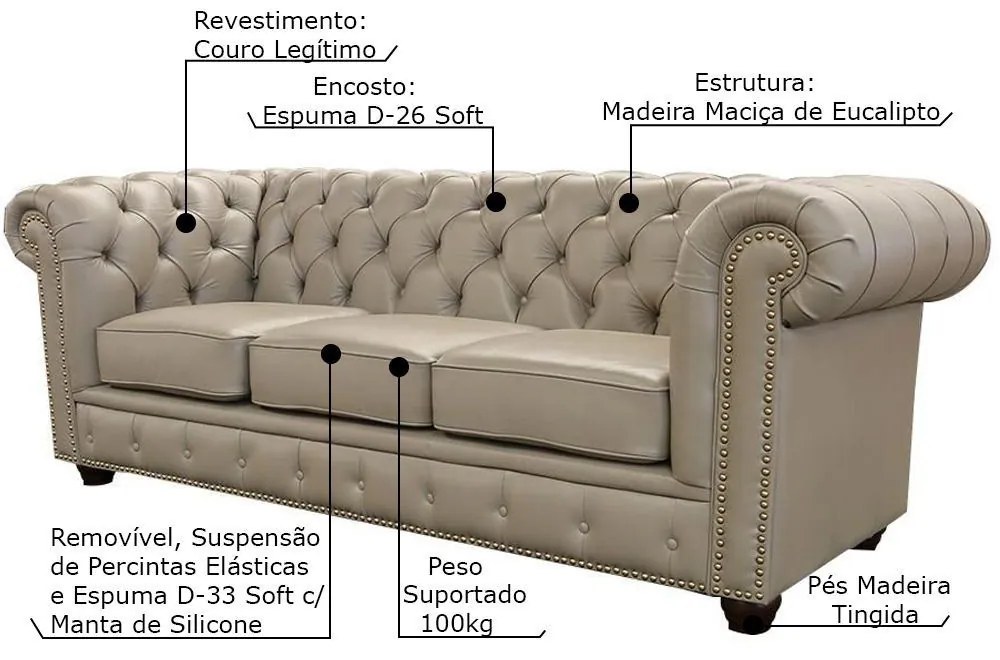 Sofá 3 Lugares Sala de Estar 235cm Chesterfield Pés Madeira Couro Avelã G40 - Gran Belo