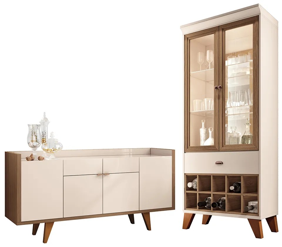 Conjunto Decorativo Cristaleira Adega e Buffet Balcão Andorra/Albâni Off White/Castanho G26 - Gran Belo