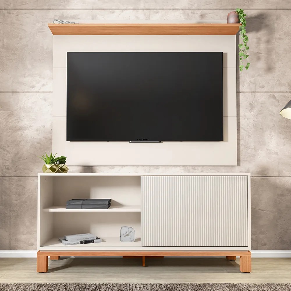 Painel TV 45 Pol 136cm com Rack Bancada para Sala Visari Off White/Freijó C01 - D'Rossi