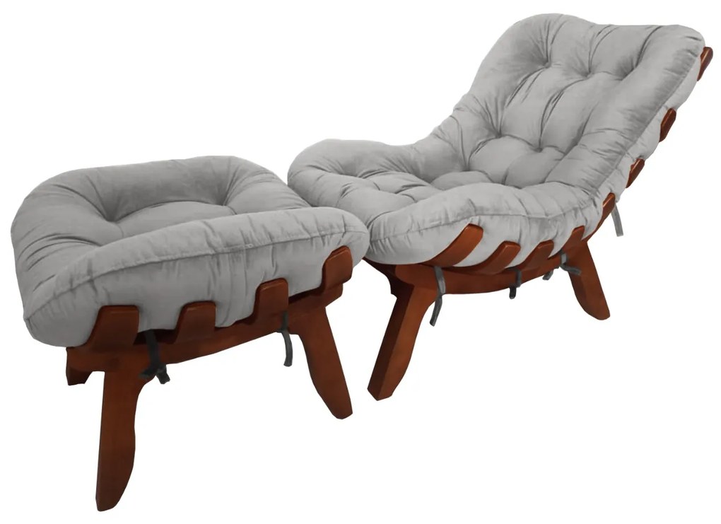 Conjunto Poltrona Decorativa Costela com Puff Costela Veludo Grafite