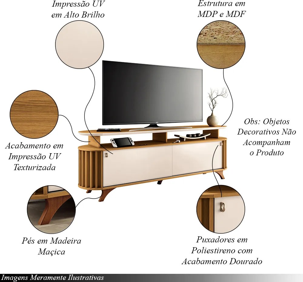 Bancada Decorativa Alba 1.8 para TV até 70 Polegadas Ripada Cinamomo/Off White G26 - Hb Móveis
