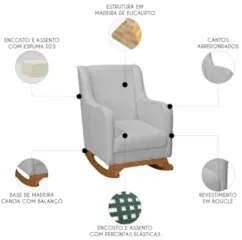 Poltrona Amamentação Base Madeira Balanço Vick Bouclê Cinza F03 - Mpoz